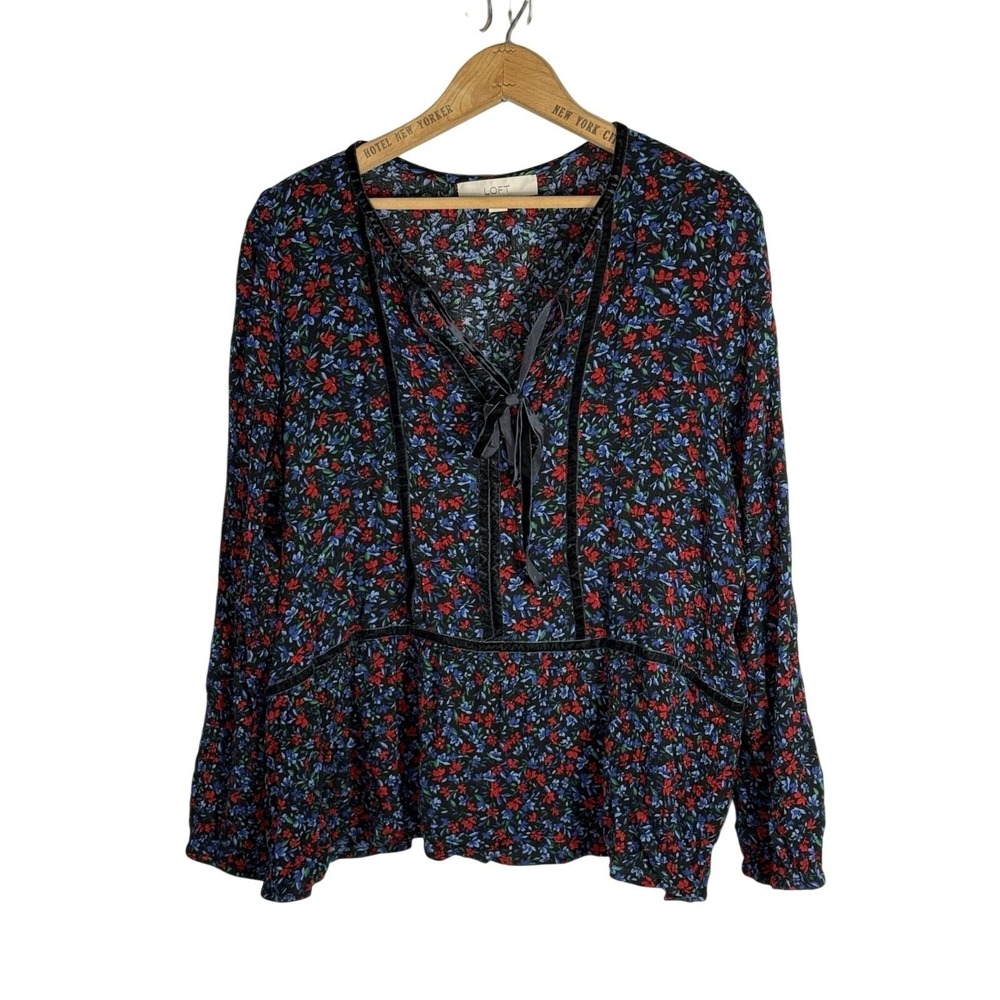 Loft women's Large  black, red, blue floral velvet trim long sleeve blouse top